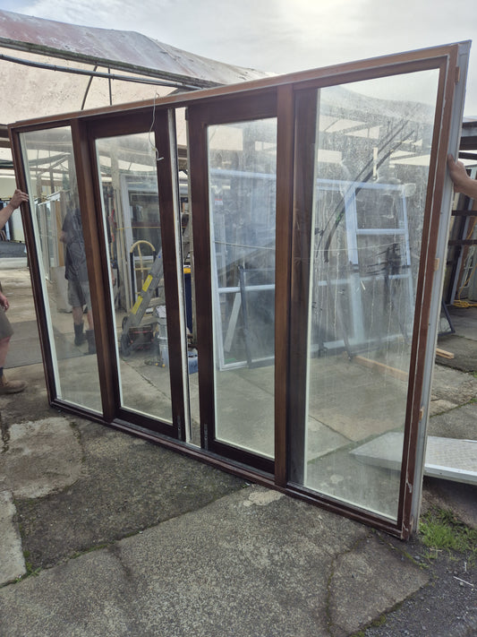 Aluminium & Cedar Bi-Part Ranchslider 2120 H x 2800W #2044d see matching joinery