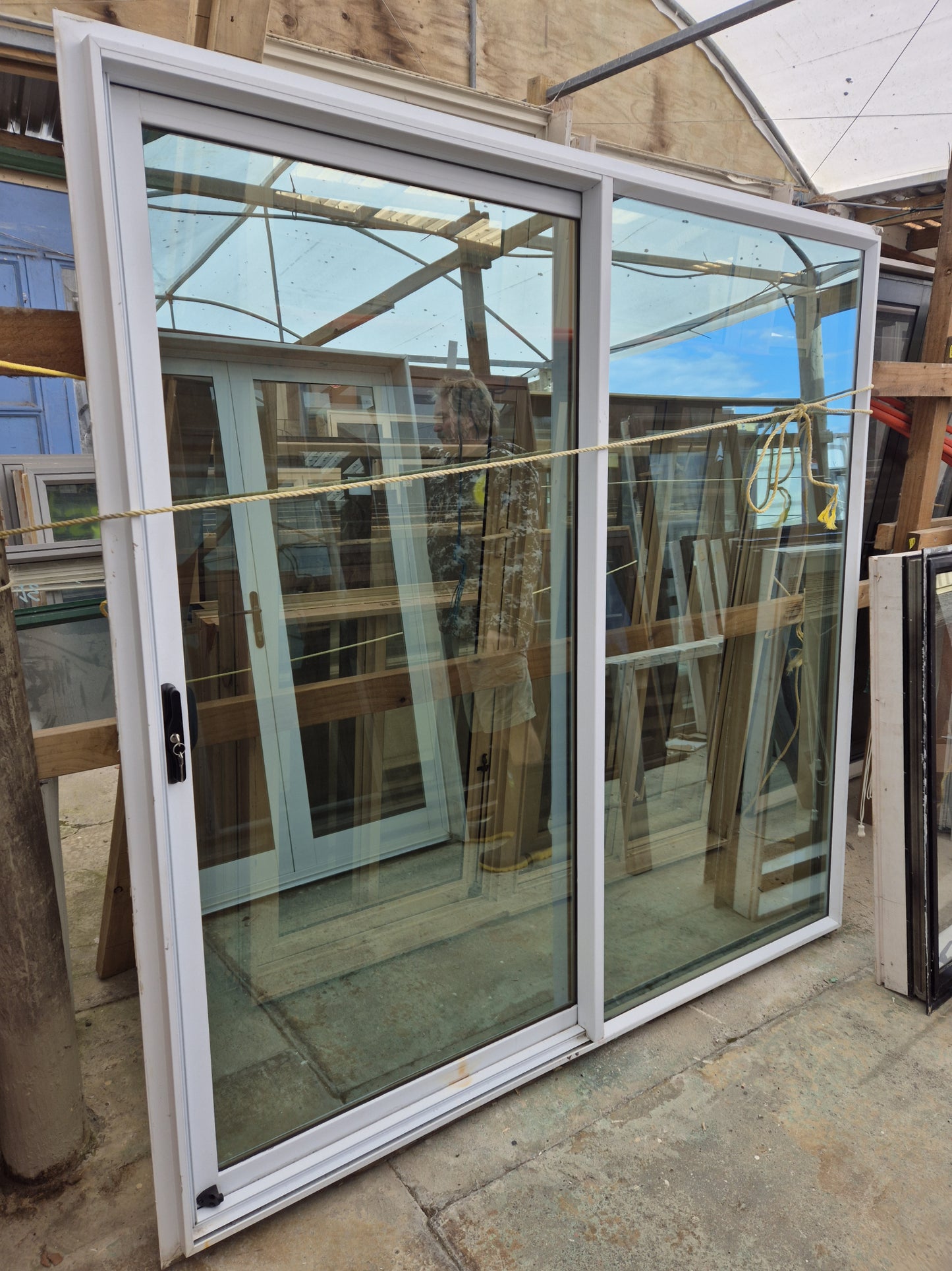 White Ranchslider with aqua mirror tint 2 x 2  #2139