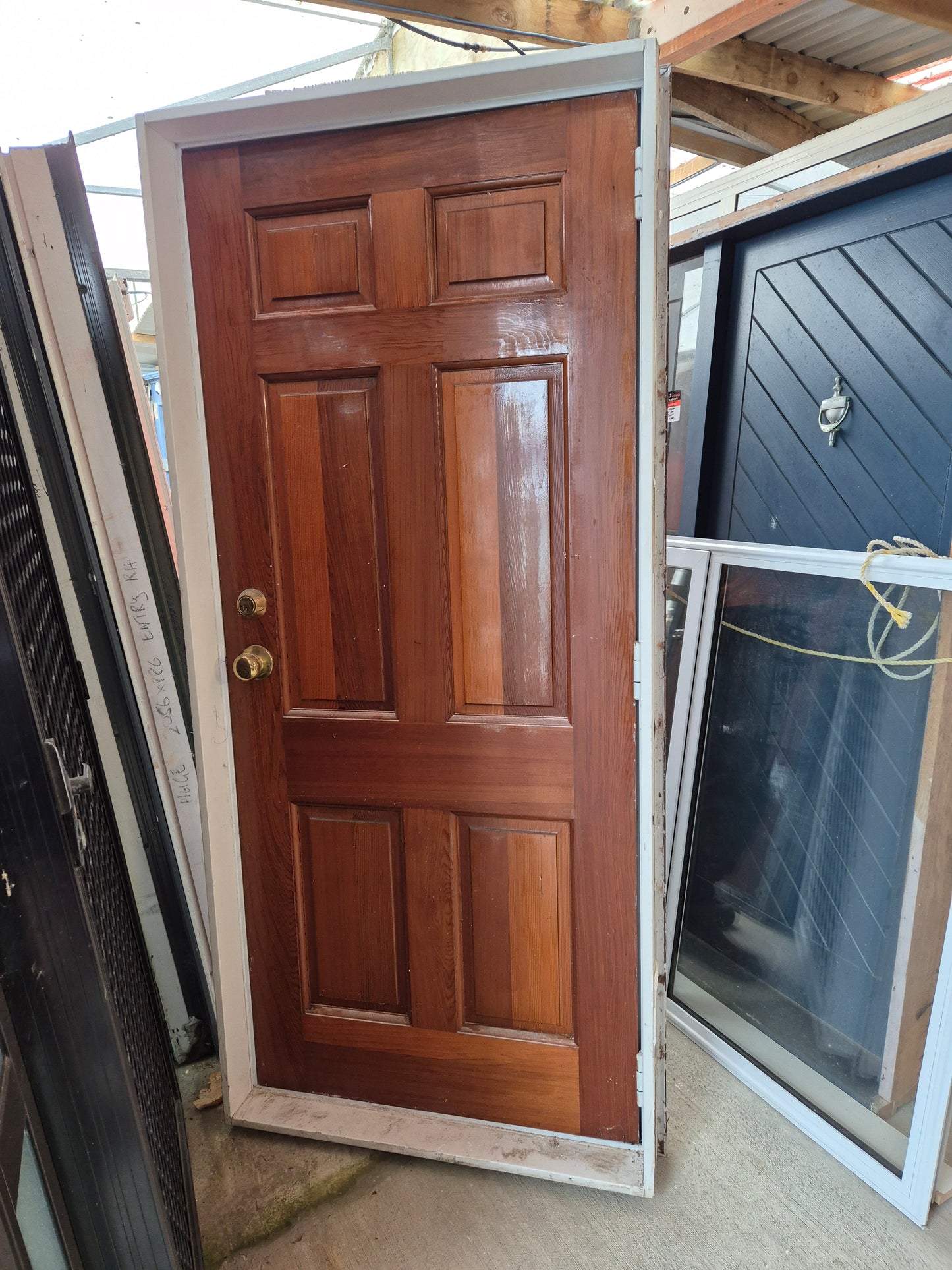 Solid Wood Entrance door with security grille 2050 H x 930 W #2038