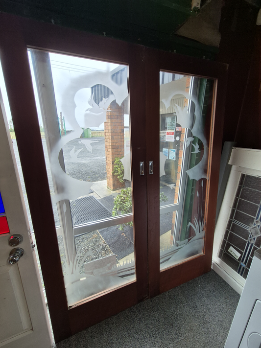 2Cedar doors with etched glass- 1980 H x 1520 W #2289