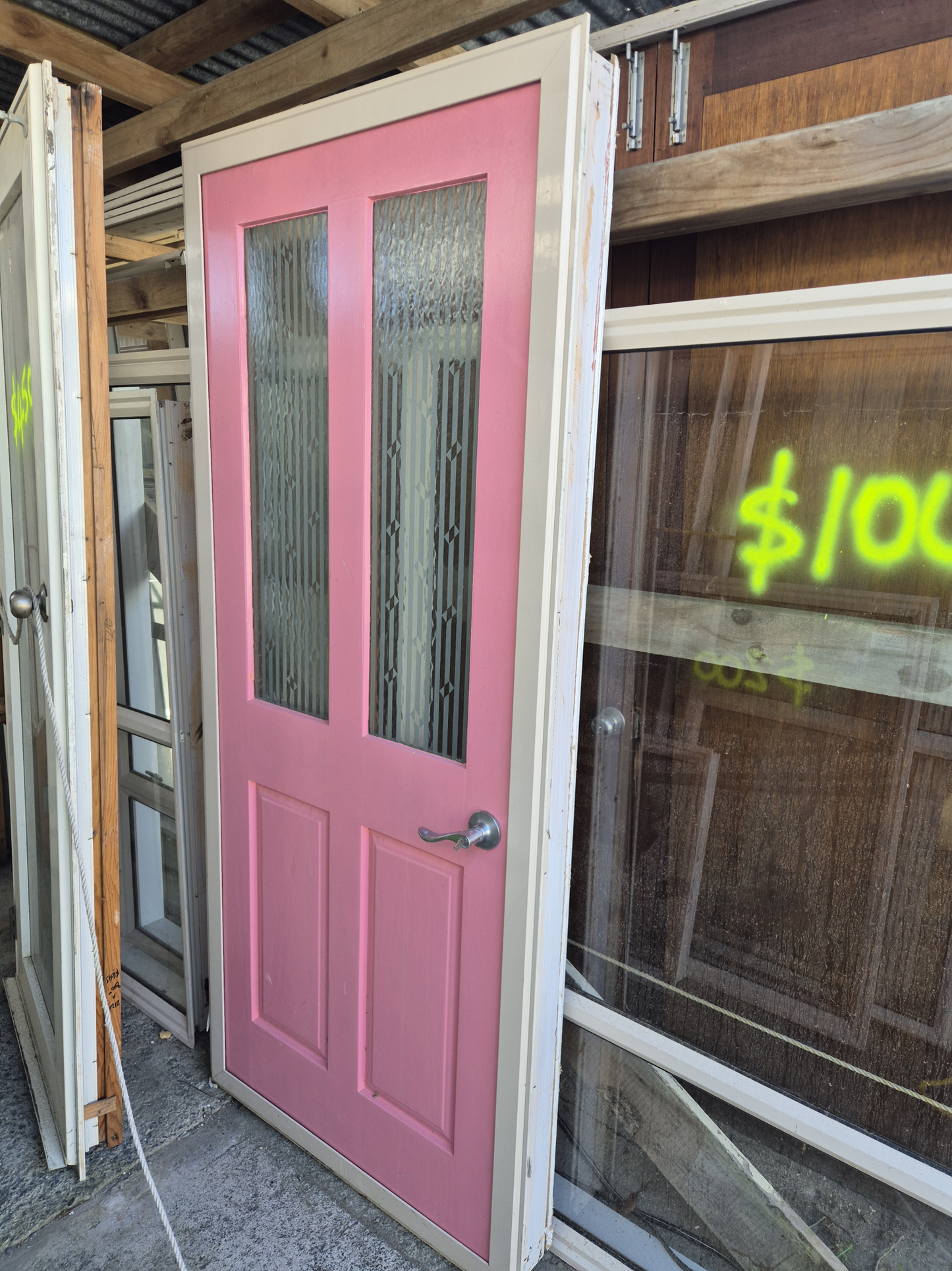 Nice Wooden Entrance door with etched glass 2050 H x 880 W #2299