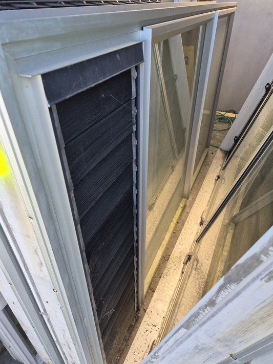 Silver Aluminium window with Cedar louvres 1260 H x 2270 W #2300