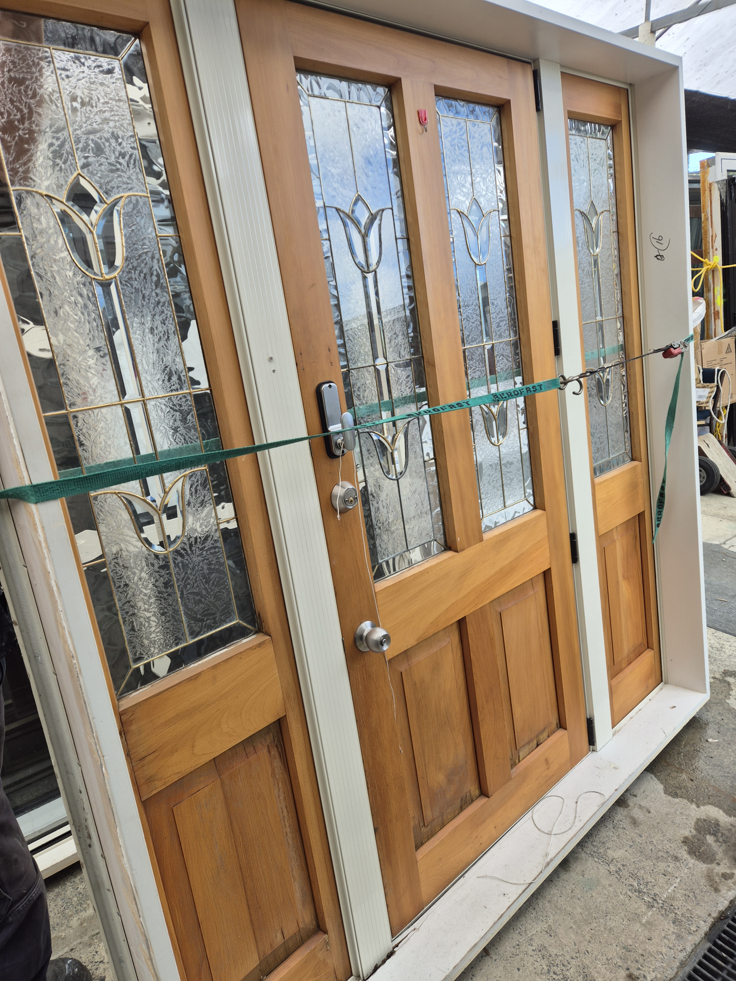 Lot of Cream Joinery, priced individually. Ranchsliders, Leadlite door, Windows