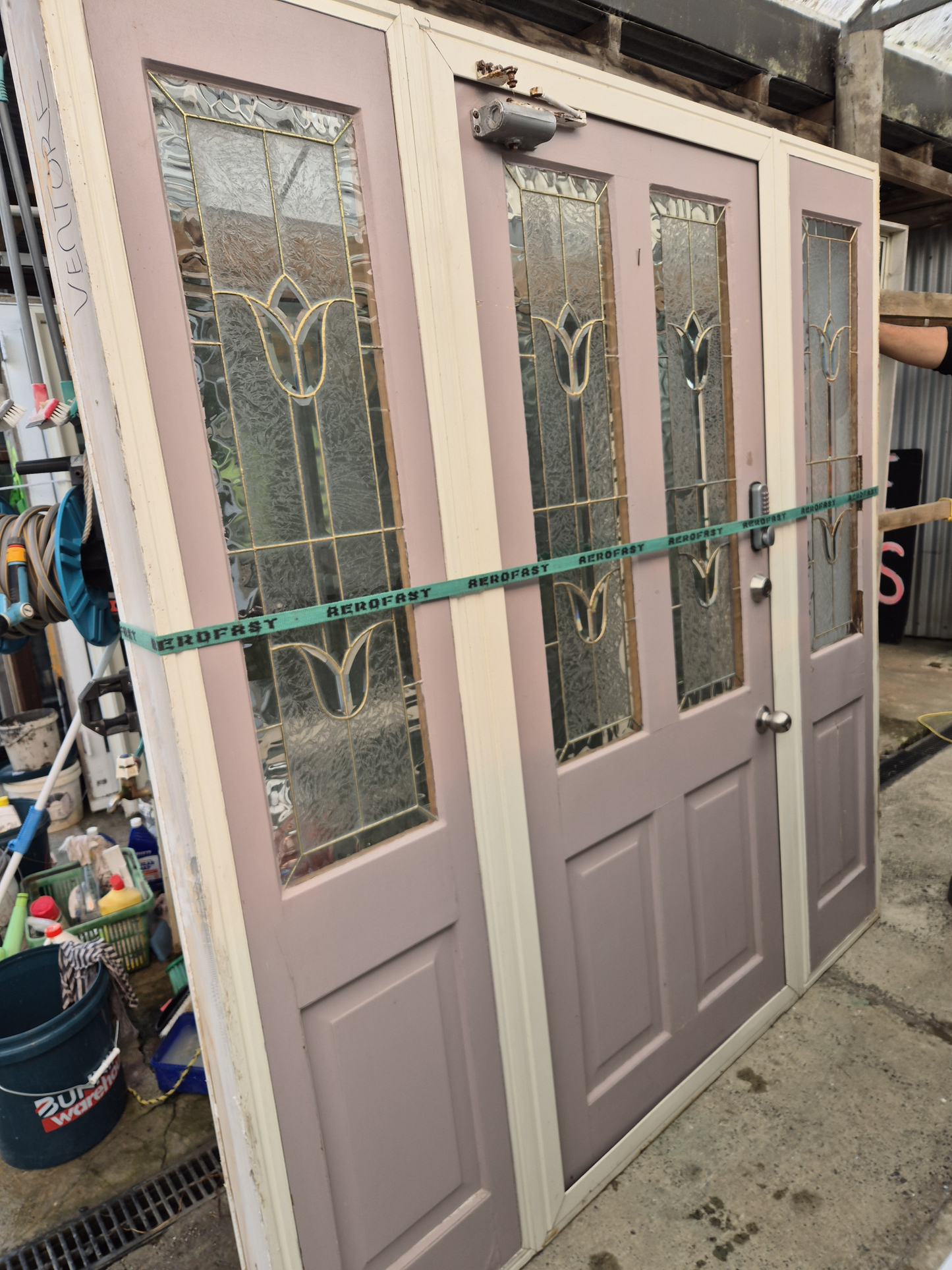 Lot of Cream Joinery, priced individually. Ranchsliders, Leadlite door, Windows