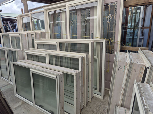Lot of Cream Joinery, priced individually. Ranchsliders, Leadlite door, Windows
