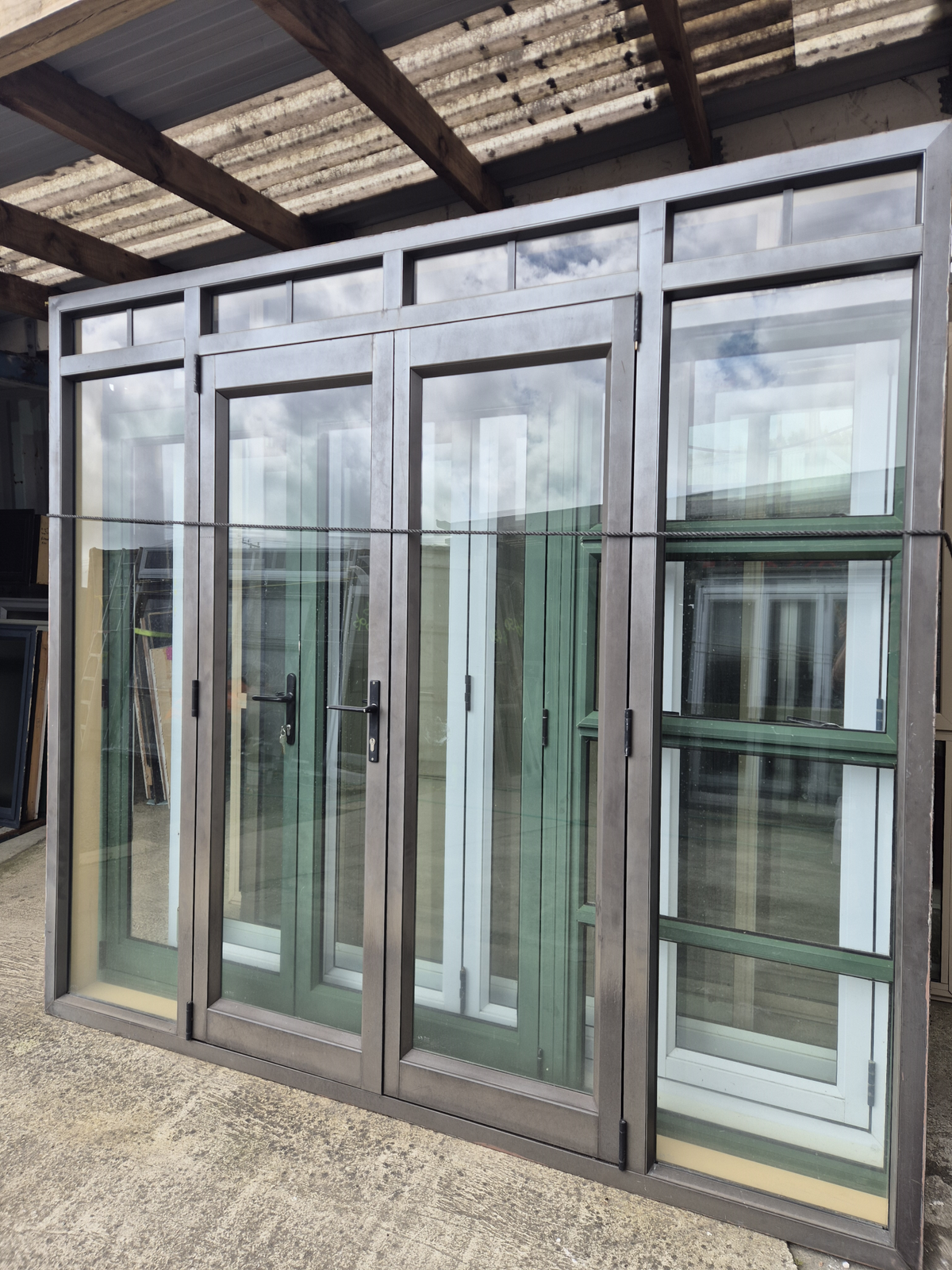 Brown French doors 2190 H x 2400 W NEW JAMBS Good condition #2163
