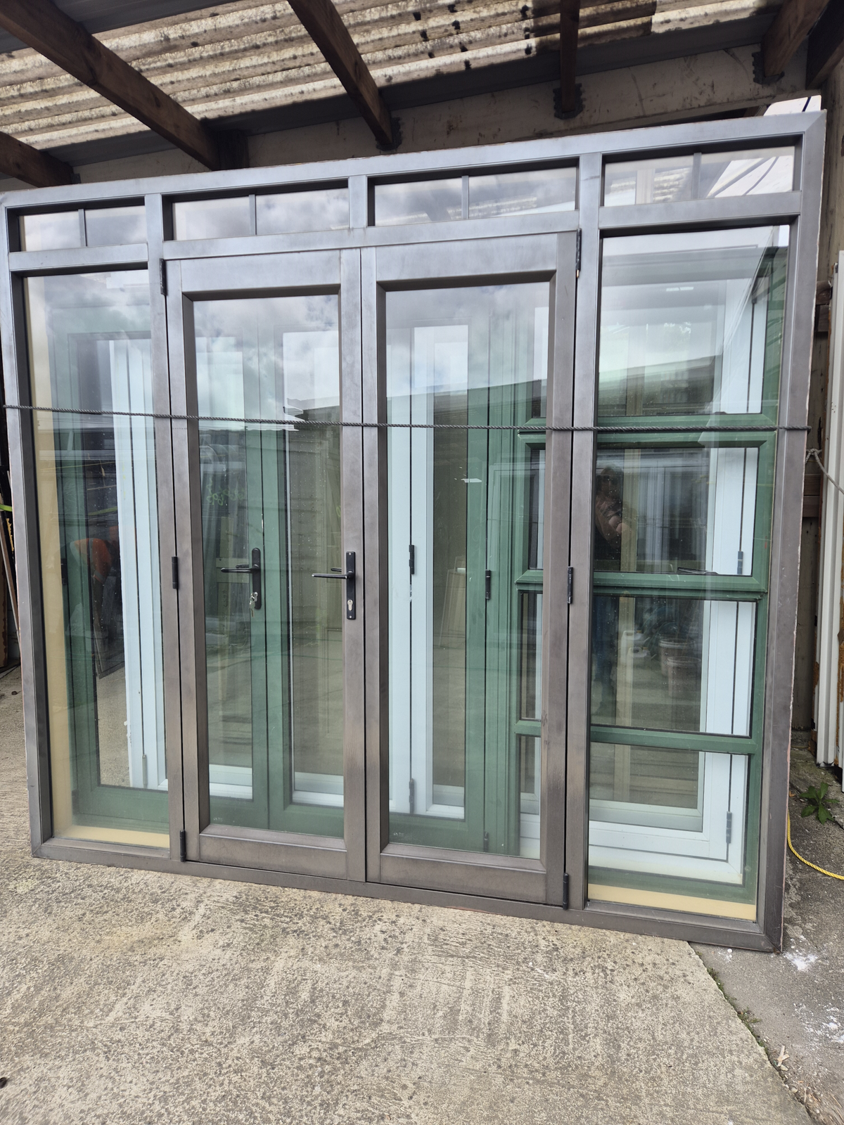 Brown French doors 2190 H x 2400 W NEW JAMBS Good condition #2163