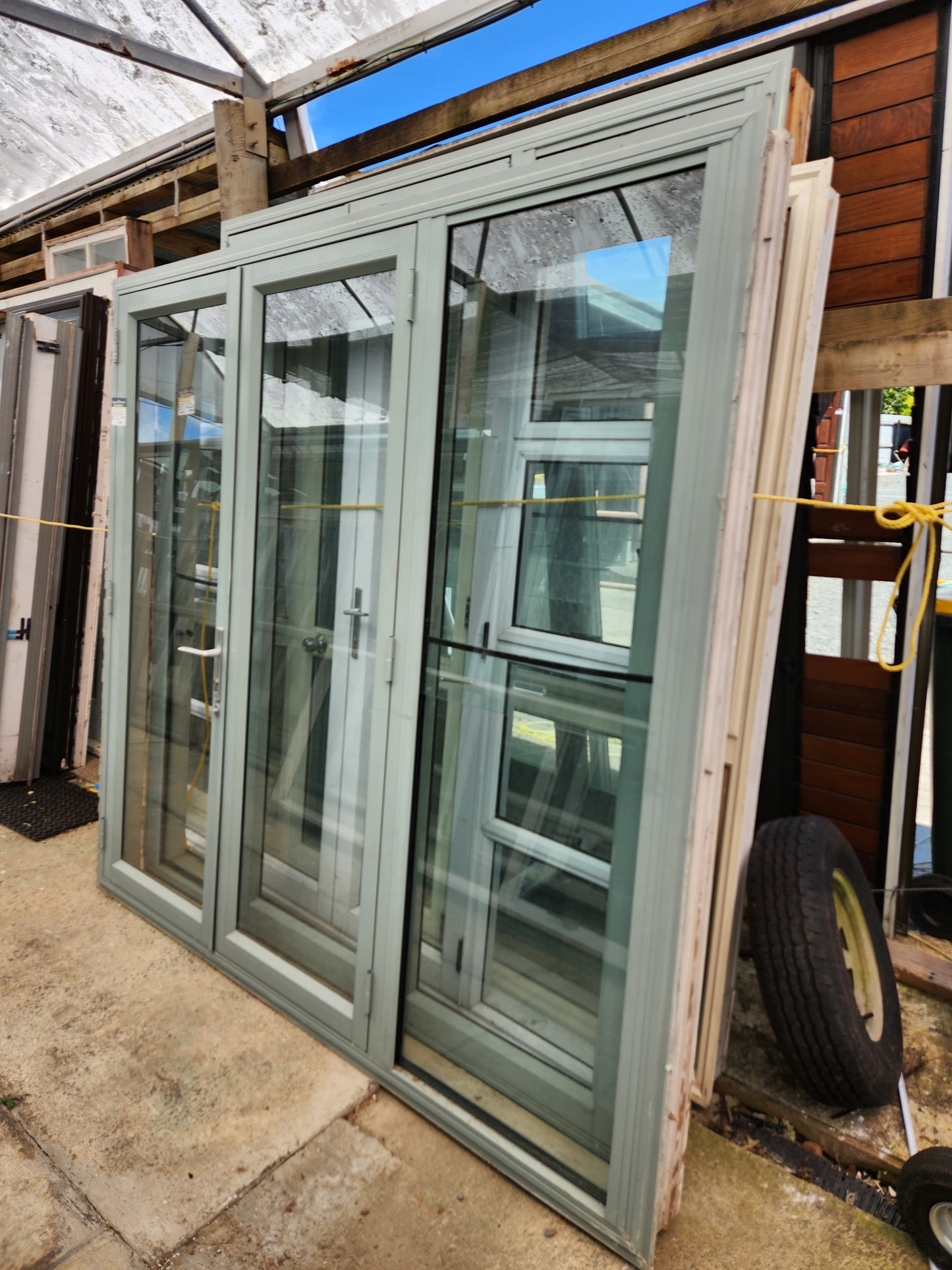 Pale Green French Doors with Sliding Window 1990 H x 2140 W #FDM5